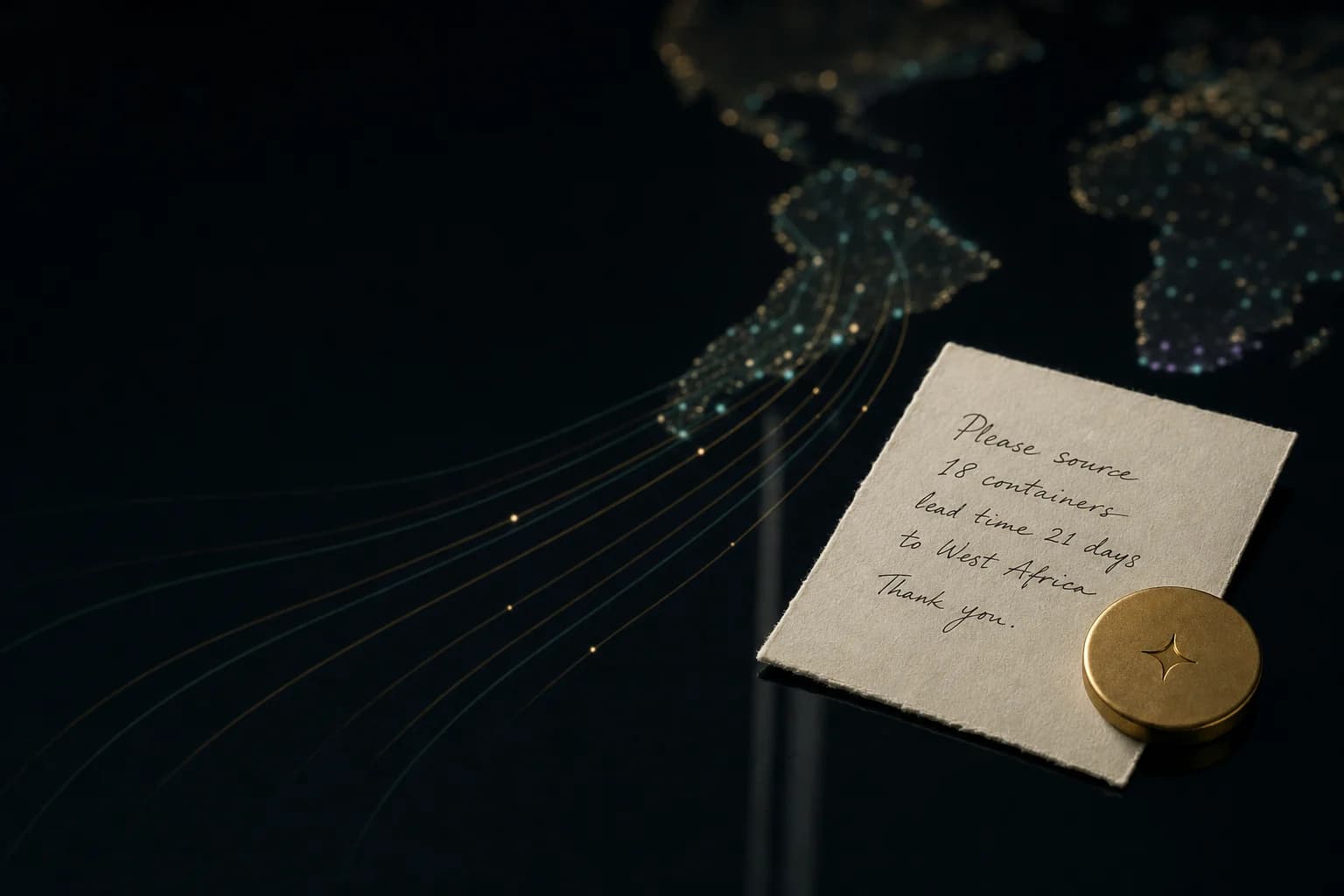 A parchment request card on a dark exchange surface with sea-glass traces converging toward it