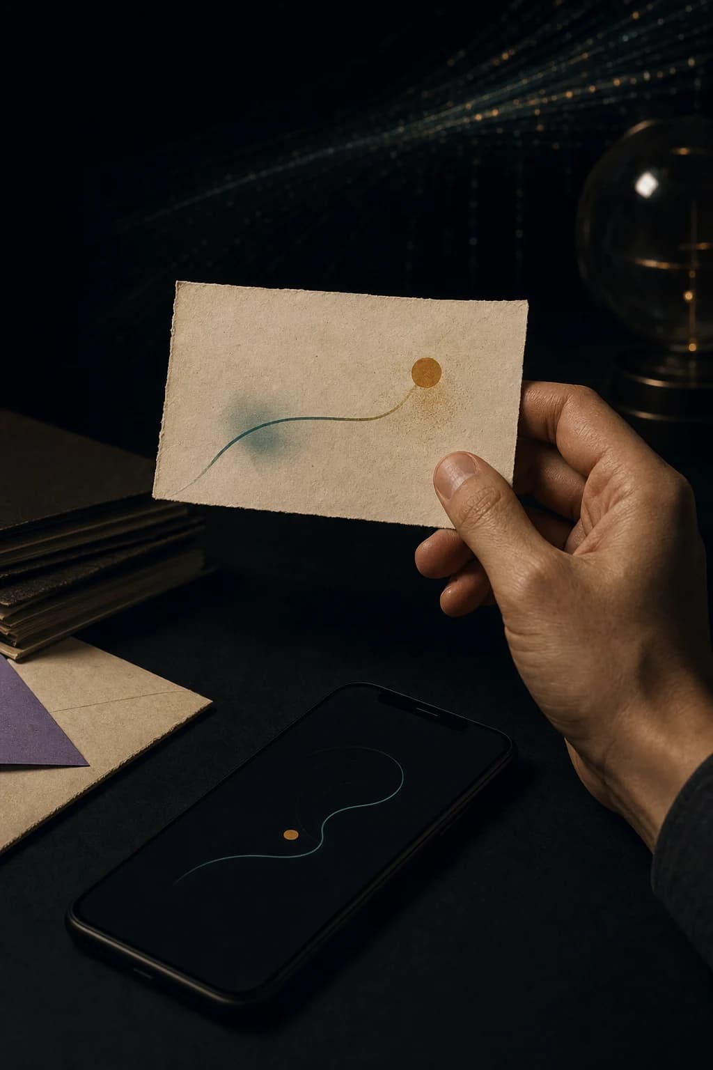 A hand holding a parchment request card beside a phone showing an abstract emerging match