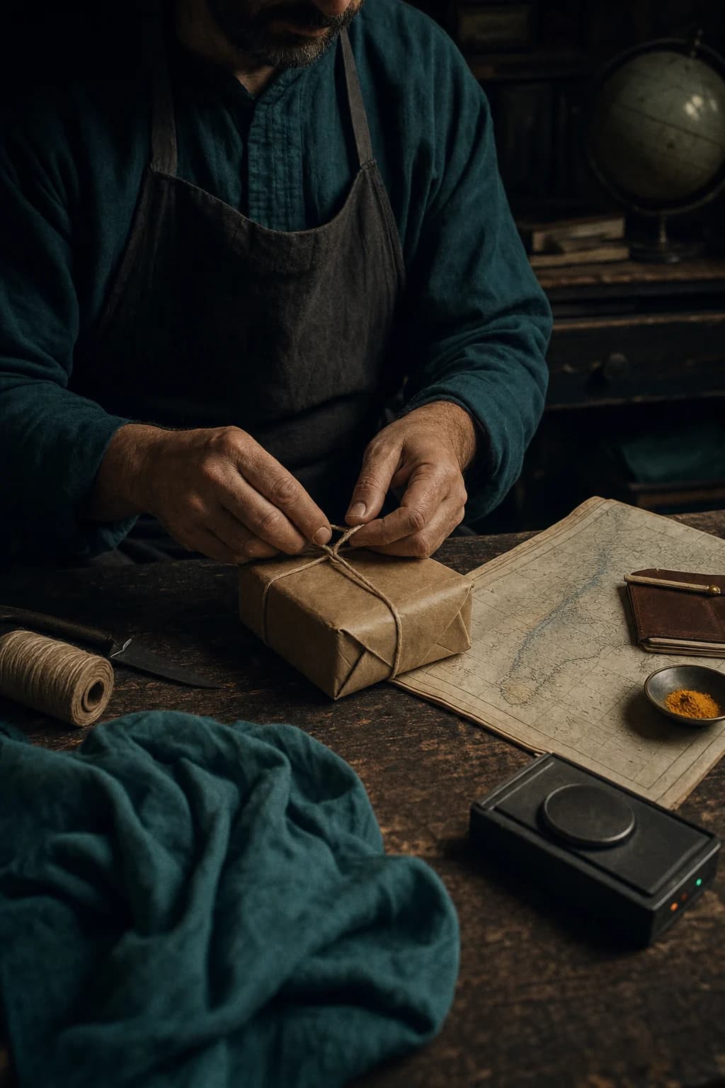 A craftsperson preparing a parcel beside a folded map and a modest device